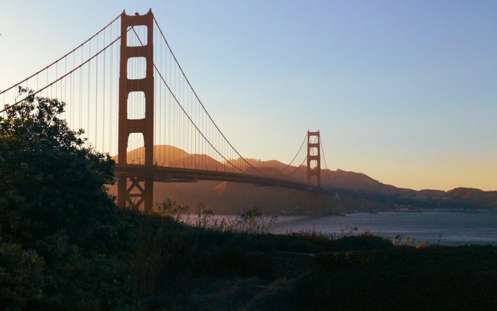 Golden Gate Bridge at sunset, gateway to Marin County