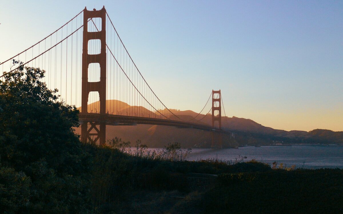 Golden Gate Bridge at sunset, gateway to Marin County